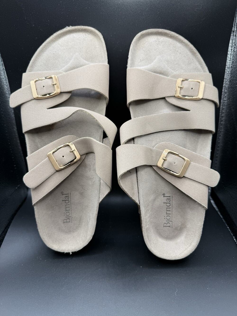 Bjorndal Delaney Sandals Leather Comfort Sz 10 Taupe With Gold Buckles
